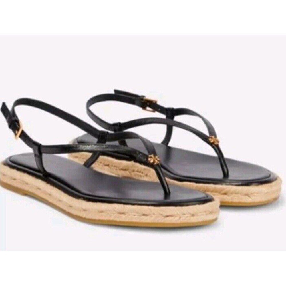 Tory Burch Black Espadrille Thong Sandal Delicate Logo Comfort T-bar New Sz 8